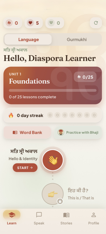 The Language track home screen with Unit 1 Foundations and the lesson path