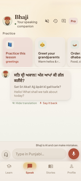 A chat with Bhaji, the speaking companion, showing a Punjabi message with transliteration and translation