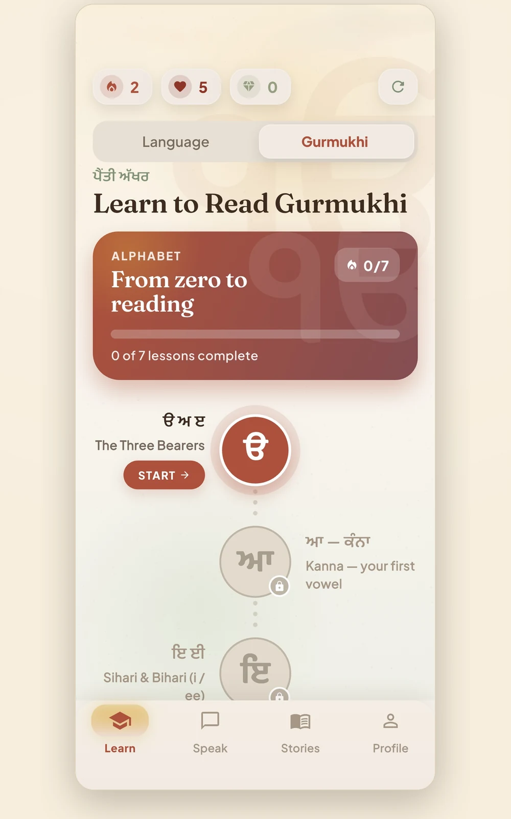 The Gurmukhi track showing the alphabet unit and the first letter lessons