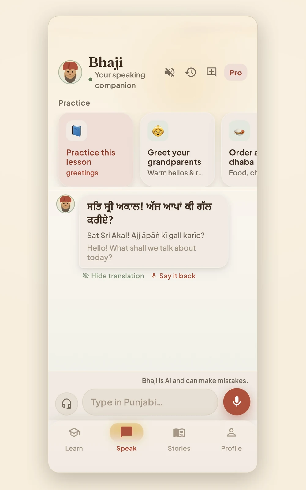 A chat with Bhaji, the speaking companion, showing a Punjabi message with transliteration and translation